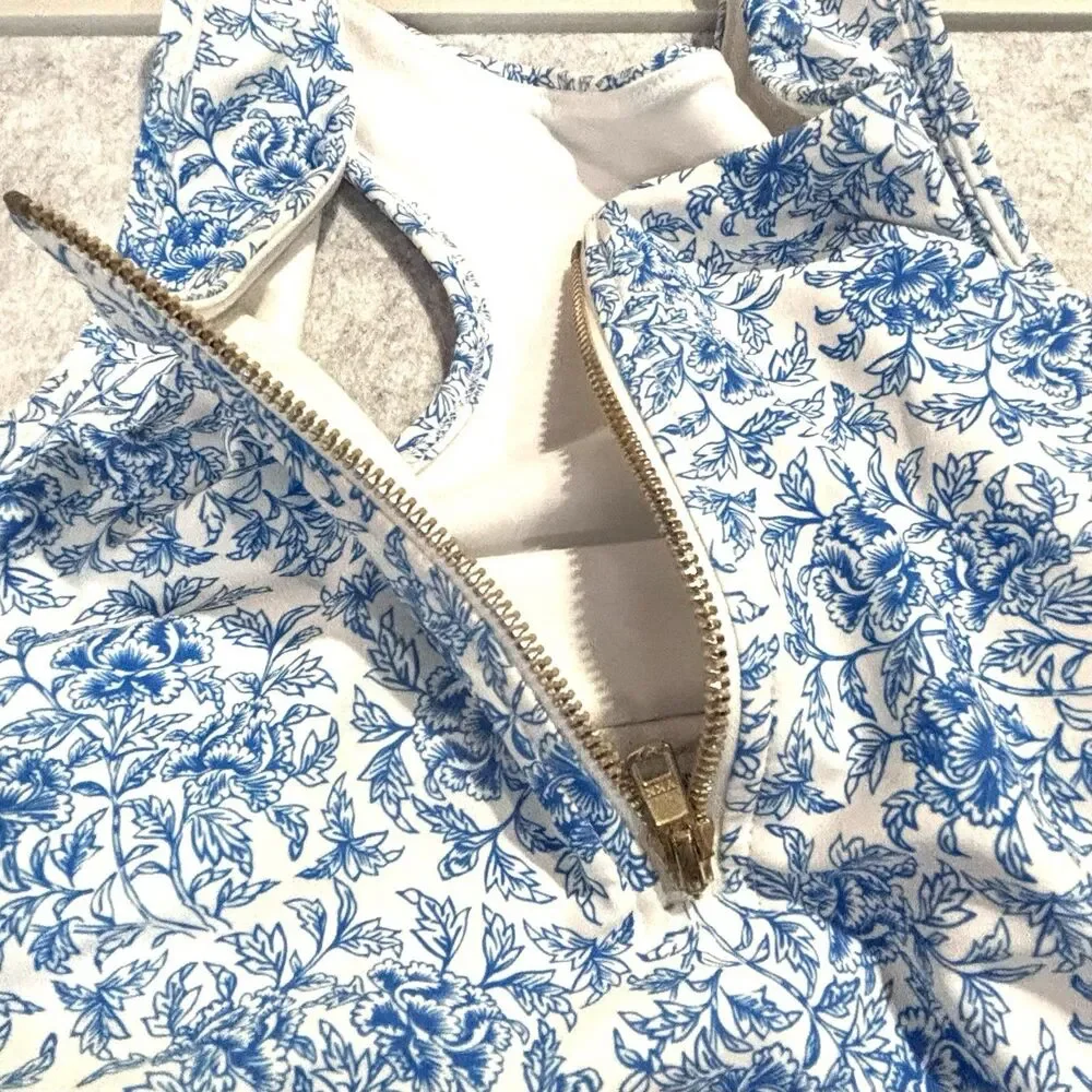 Albion 1 Pc Swimsuit Blue White Floral Tank Top Front Zipper Open Back Womens XL